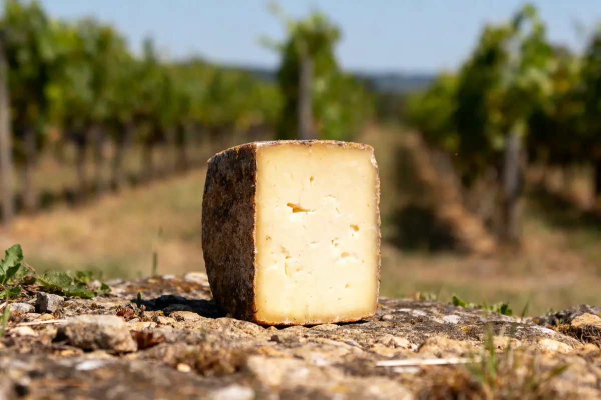 Morceau de fromage sur pierre, avec vignoble flou en arrière-plan sous un ciel bleu clair.