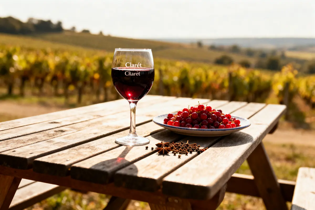 Verre de vin rouge, assiette de groseilles, épices, sur table en bois avec vignoble en arrière-plan.