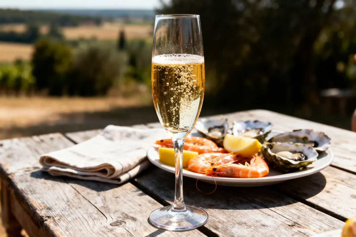 Verre de champagne et plateau de fruits de mer sur table en bois, paysage en arrière-plan.
