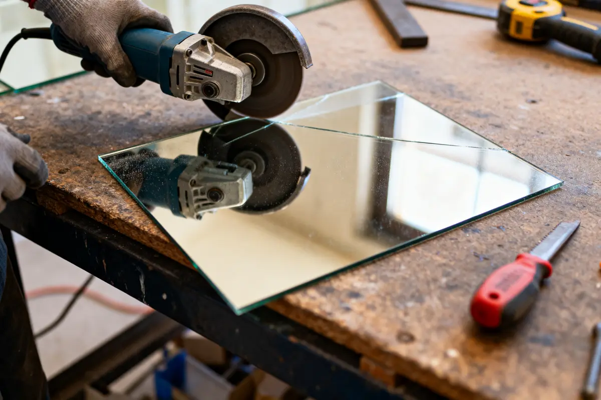Personne utilisant une meuleuse d'angle pour couper un miroir sur un établi en bois.