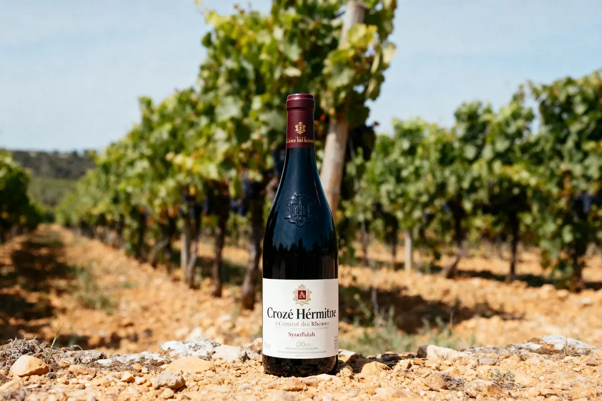 Bouteille de vin rouge Crozé Hermitage dans un vignoble ensoleillé, rangées de vignes en arrière-plan.