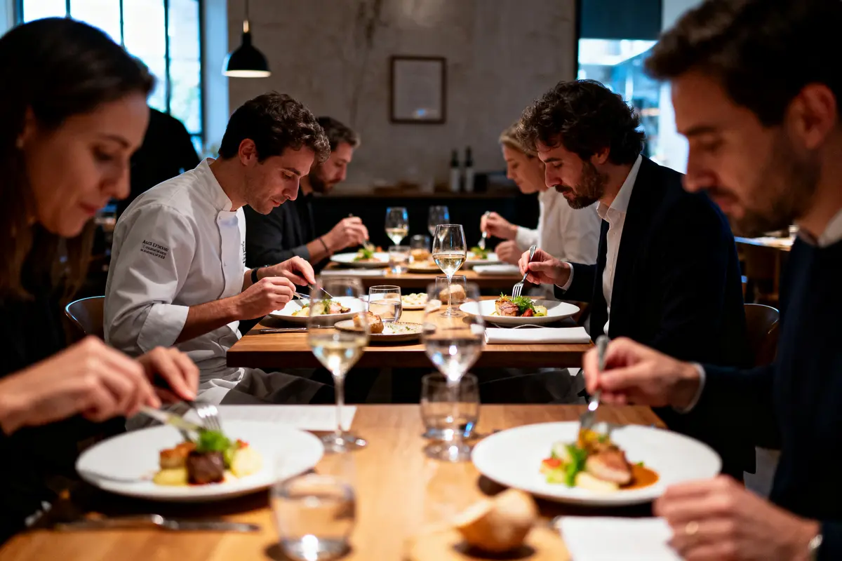 Des personnes dînent dans un restaurant élégant, dégustant des plats raffinés avec du vin.
