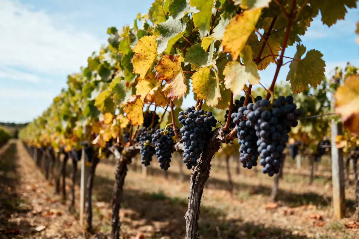 Vigne avec grappes de raisins mûrs et feuilles jaunissantes, sous un ciel ensoleillé.