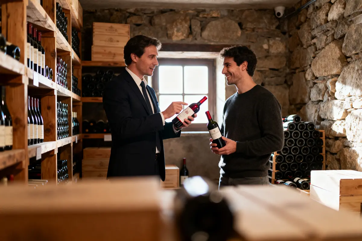 Deux hommes discutent dans une cave à vin, tenant des bouteilles rouges.