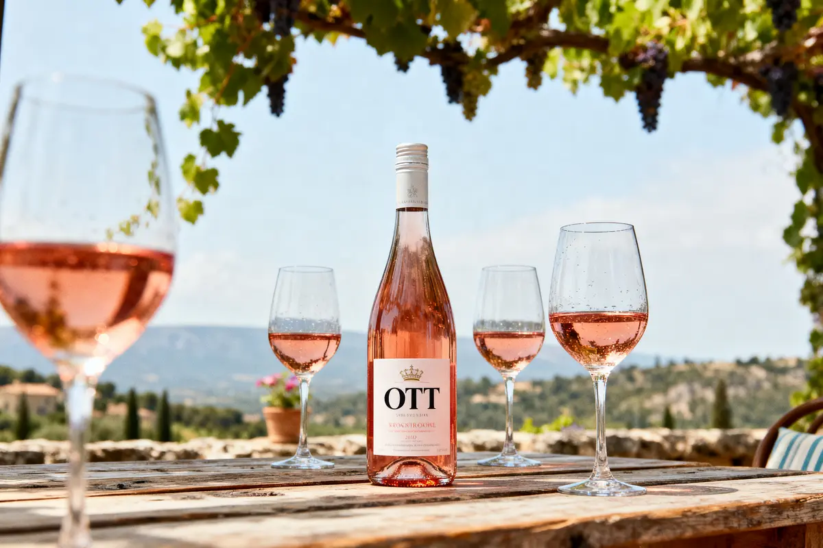 Bouteille de vin rosé sur une table en pierre, entourée de verres, paysage viticole en arrière-plan.