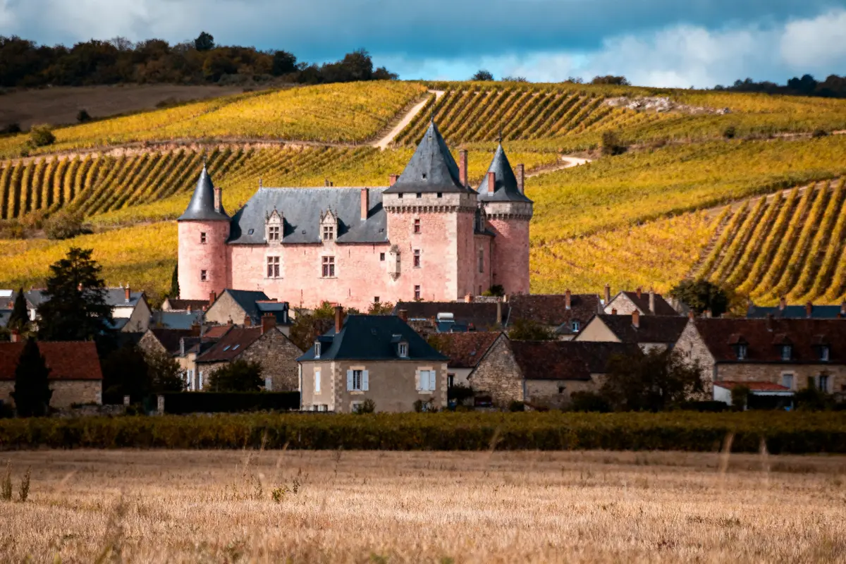 Château entouré de vignes, surplombant des maisons de village, sous un ciel nuageux. Paysage champêtre.