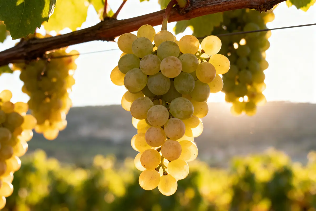 Grappe de raisin blanc suspendue à la vigne, éclairée par le soleil couchant en arrière-plan.